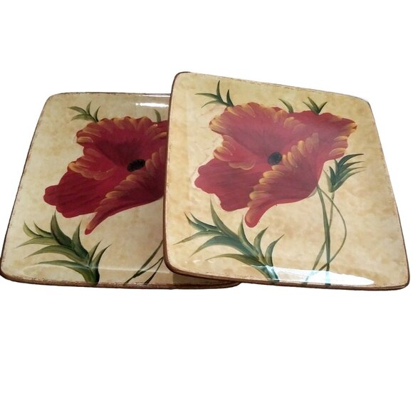 Pier 1 Square Poppies Salad Plate, Cottagecore Plate, Hand Painted Server Plate - Picture 10 of 11